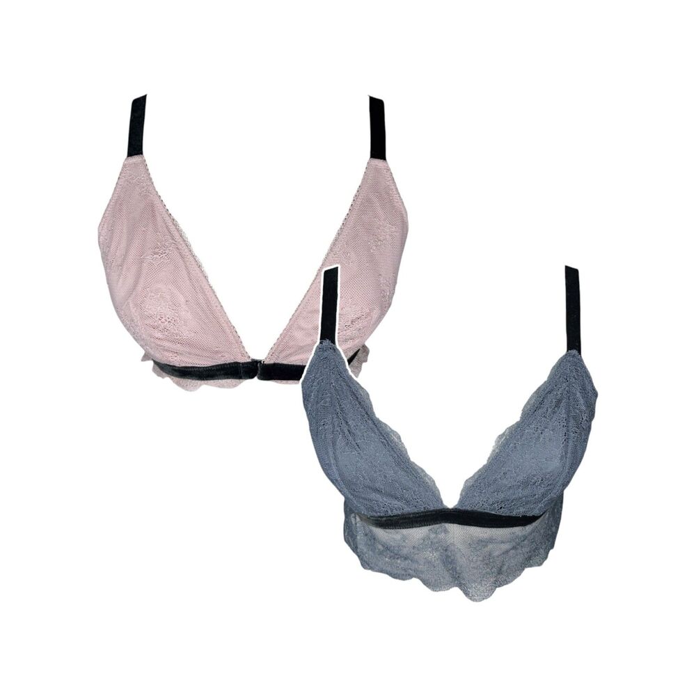 Victoria's Secret Lace Bralette set of 2 sz L * Pink Blue Lace Velvet Band VS